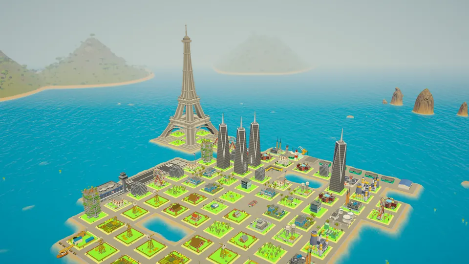 An island city with skyscrapers and an Eiffel Tower landmark